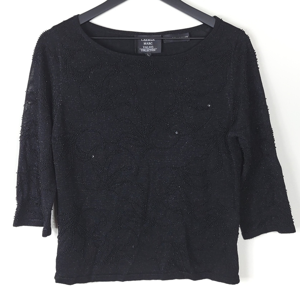 Carmen Marc Valvo Beaded Top Black L